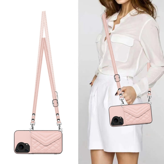 For Huawei Pura 70 Ultra Rhombic Texture Card Bag RFID Phone Case with Long Lanyard(Rose Gold)