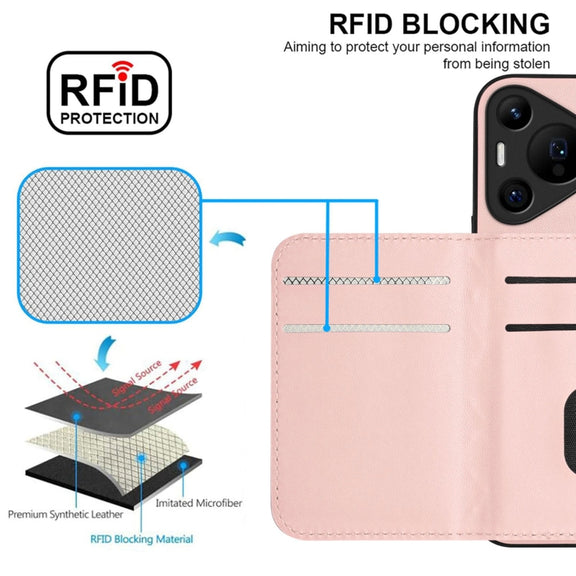 For Huawei Pura 70 Ultra Rhombic Texture Card Bag RFID Phone Case with Long Lanyard(Rose Gold)