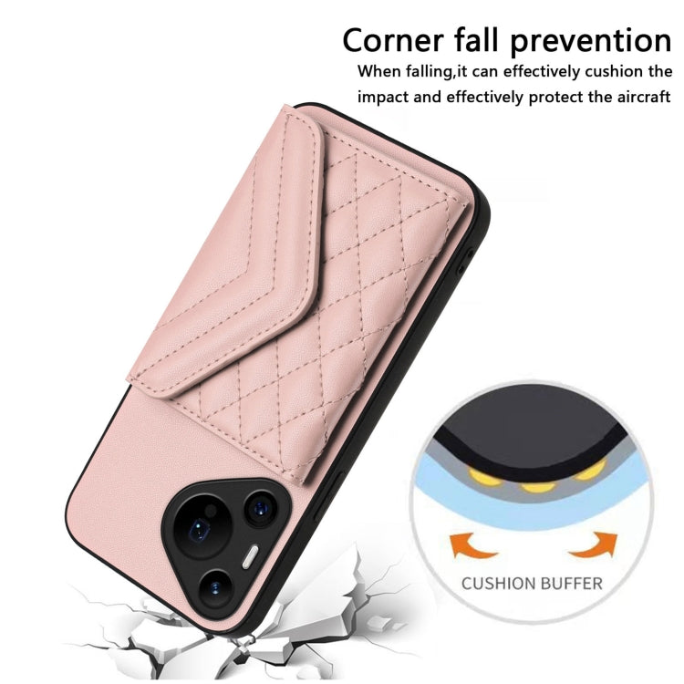 For Huawei Pura 70 Ultra Rhombic Texture Card Bag RFID Phone Case with Long Lanyard(Rose Gold)