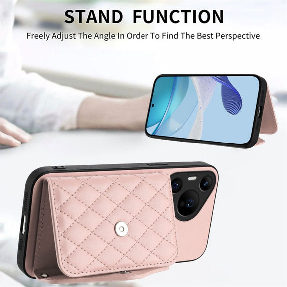 For Huawei Pura 70 Ultra Rhombic Texture Card Bag RFID Phone Case with Long Lanyard(Rose Gold)
