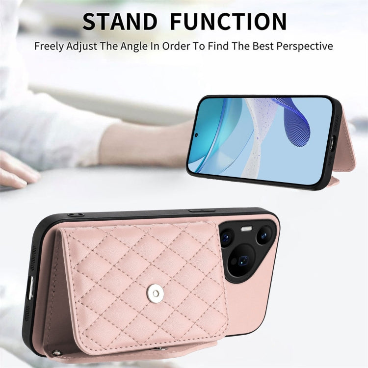For Huawei Pura 70 Ultra Rhombic Texture Card Bag RFID Phone Case with Long Lanyard(Rose Gold)