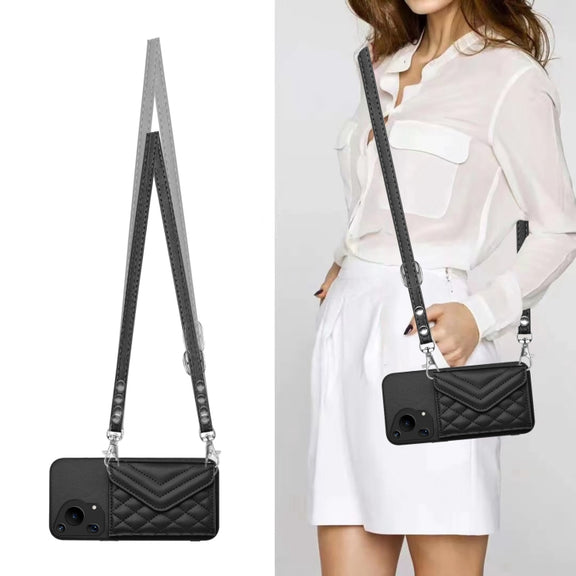For Huawei Pura 70 Ultra Rhombic Texture Card Bag RFID Phone Case with Long Lanyard(Black)