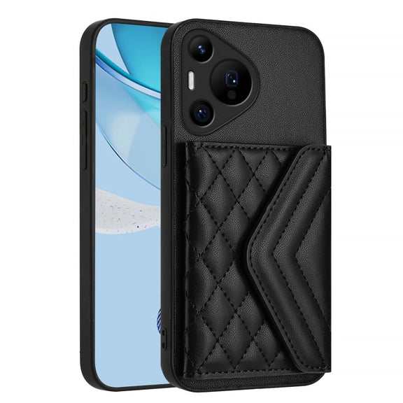 For Huawei Pura 70 Ultra Rhombic Texture Card Bag RFID Phone Case with Long Lanyard(Black)