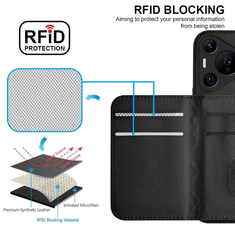 For Huawei Pura 70 Ultra Rhombic Texture Card Bag RFID Phone Case with Long Lanyard(Black)