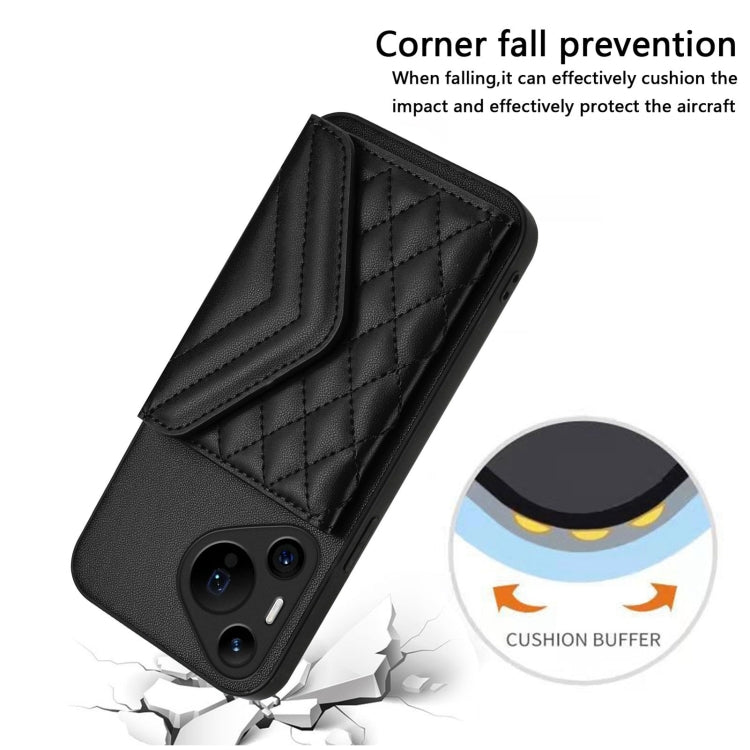 For Huawei Pura 70 Ultra Rhombic Texture Card Bag RFID Phone Case with Long Lanyard(Black)