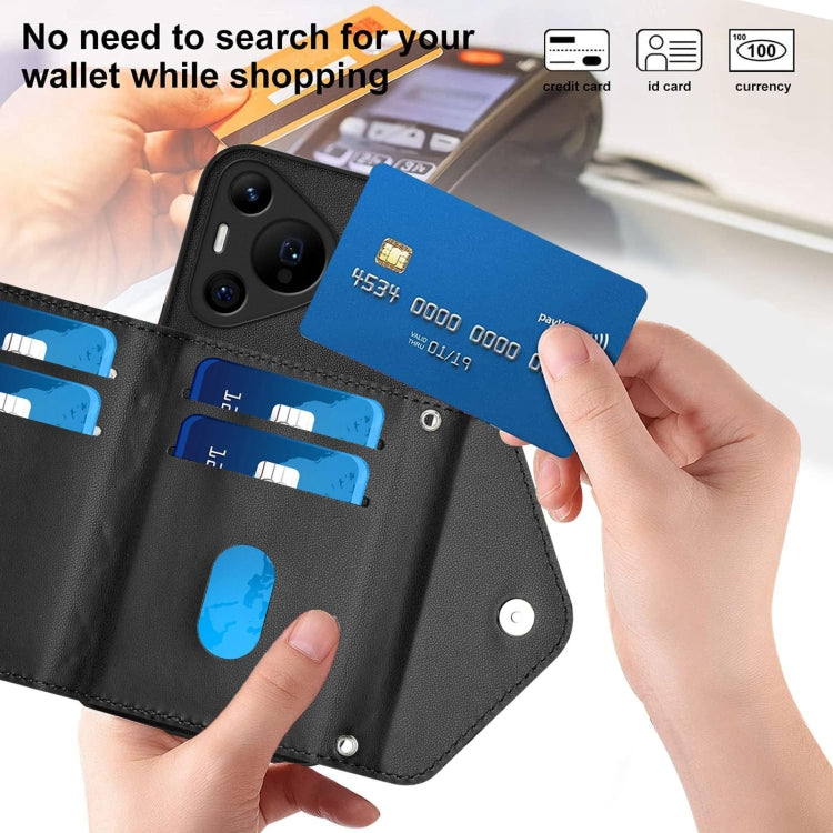 For Huawei Pura 70 Ultra Rhombic Texture Card Bag RFID Phone Case with Long Lanyard(Black)