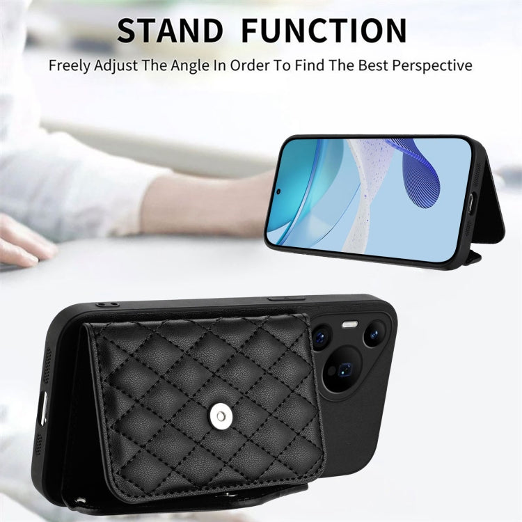 For Huawei Pura 70 Ultra Rhombic Texture Card Bag RFID Phone Case with Long Lanyard(Black)