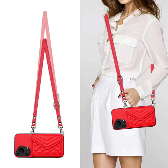 For Huawei Pura 70 Ultra Rhombic Texture Card Bag RFID Phone Case with Long Lanyard(Red)