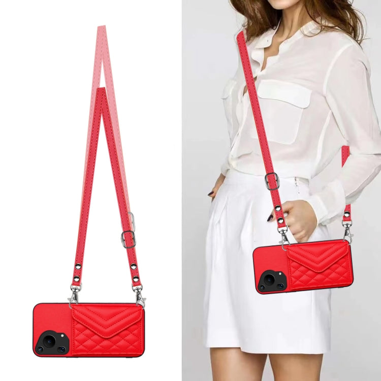 For Huawei Pura 70 Ultra Rhombic Texture Card Bag RFID Phone Case with Long Lanyard(Red)