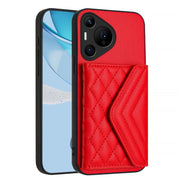 For Huawei Pura 70 Ultra Rhombic Texture Card Bag RFID Phone Case with Long Lanyard(Red)