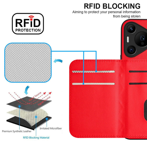 For Huawei Pura 70 Ultra Rhombic Texture Card Bag RFID Phone Case with Long Lanyard(Red)