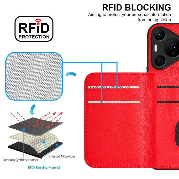 For Huawei Pura 70 Ultra Rhombic Texture Card Bag RFID Phone Case with Long Lanyard(Red)