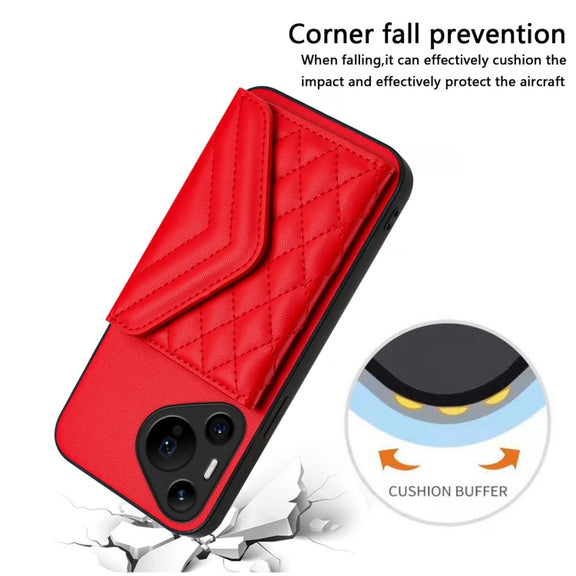 For Huawei Pura 70 Ultra Rhombic Texture Card Bag RFID Phone Case with Long Lanyard(Red)