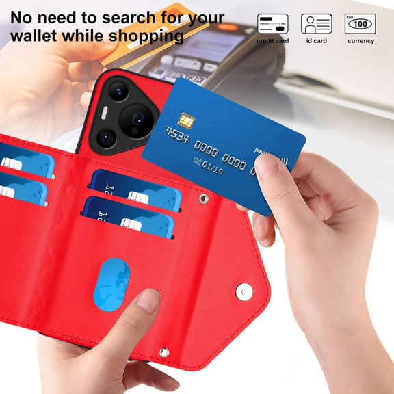 For Huawei Pura 70 Ultra Rhombic Texture Card Bag RFID Phone Case with Long Lanyard(Red)