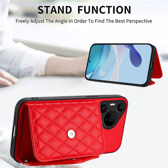 For Huawei Pura 70 Ultra Rhombic Texture Card Bag RFID Phone Case with Long Lanyard(Red)