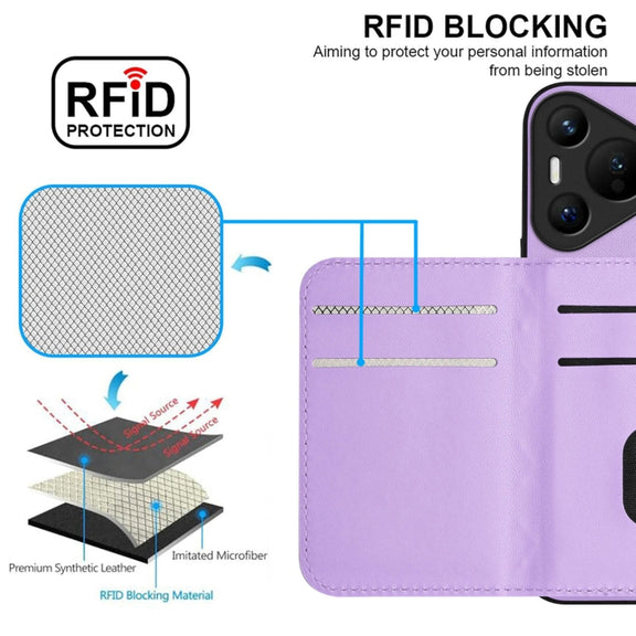 For Huawei Pura 70 Rhombic Texture Card Bag RFID Phone Case with Long Lanyard(Light Purple)
