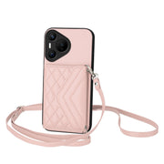 For Huawei Pura 70 Rhombic Texture Card Bag RFID Phone Case with Long Lanyard(Rose Gold)
