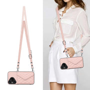 For Huawei Pura 70 Rhombic Texture Card Bag RFID Phone Case with Long Lanyard(Rose Gold)