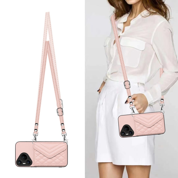 For Huawei Pura 70 Rhombic Texture Card Bag RFID Phone Case with Long Lanyard(Rose Gold)