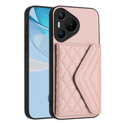 For Huawei Pura 70 Rhombic Texture Card Bag RFID Phone Case with Long Lanyard(Rose Gold)