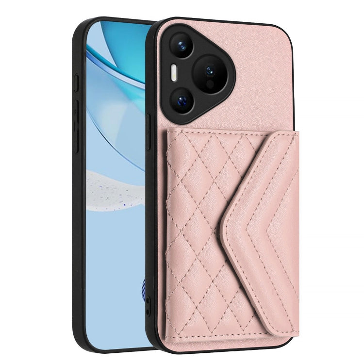 For Huawei Pura 70 Rhombic Texture Card Bag RFID Phone Case with Long Lanyard(Rose Gold)