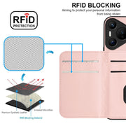For Huawei Pura 70 Rhombic Texture Card Bag RFID Phone Case with Long Lanyard(Rose Gold)