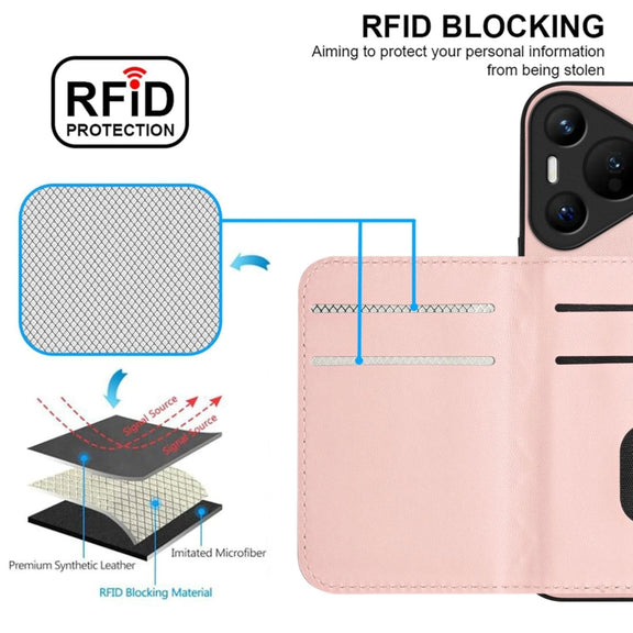 For Huawei Pura 70 Rhombic Texture Card Bag RFID Phone Case with Long Lanyard(Rose Gold)