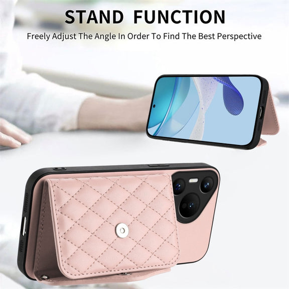 For Huawei Pura 70 Rhombic Texture Card Bag RFID Phone Case with Long Lanyard(Rose Gold)