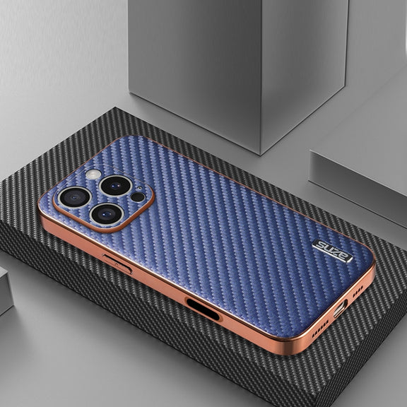 For iPhone 16 Pro Max AZNS Electroplated Edge Carbon Fiber Texture Phone Case(Blue)