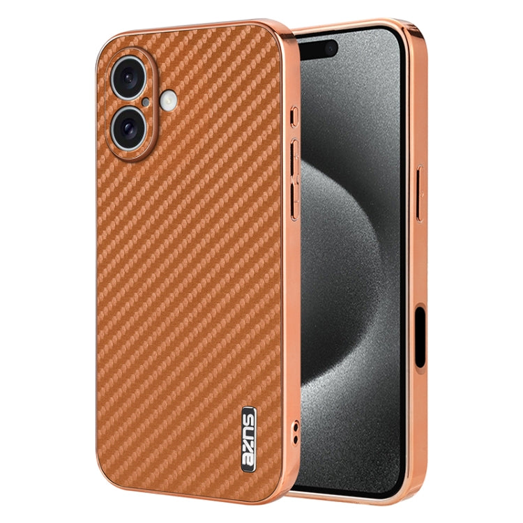 For iPhone 16 Plus AZNS Electroplated Edge Carbon Fiber Texture Phone Case(Brown) - free shipping - PMC Jewellery - Order now!