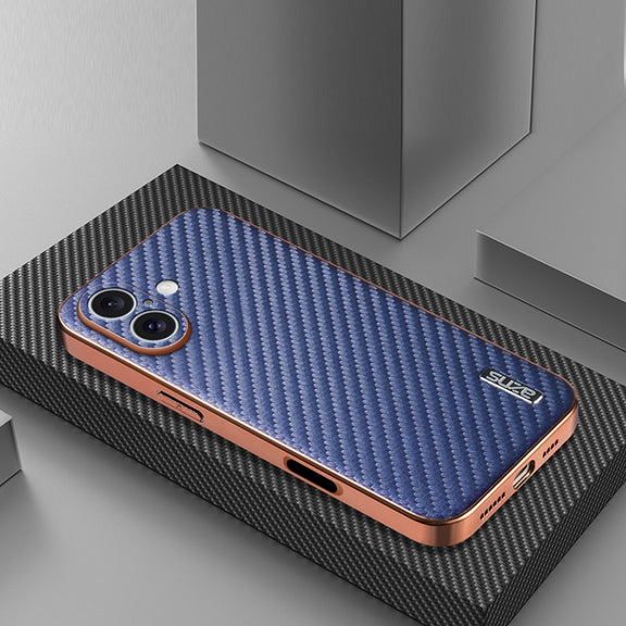 For iPhone 16 Plus AZNS Electroplated Edge Carbon Fiber Texture Phone Case(Blue)