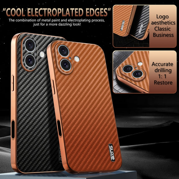 For iPhone 16 AZNS Electroplated Edge Carbon Fiber Texture Phone Case(Brown)