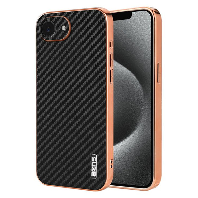 For iPhone 16e AZNS Electroplated Edge Carbon Fiber Texture Phone Case(Black)
