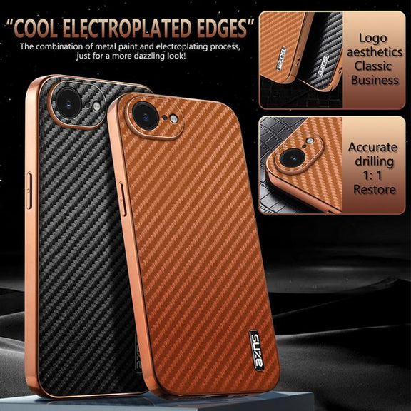 For iPhone 16e AZNS Electroplated Edge Carbon Fiber Texture Phone Case(Brown)