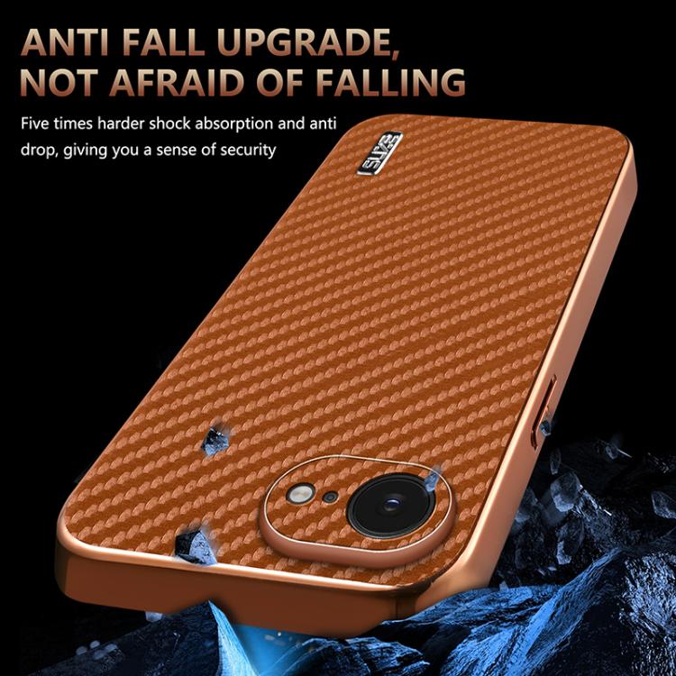 For iPhone 16e AZNS Electroplated Edge Carbon Fiber Texture Phone Case(Brown)