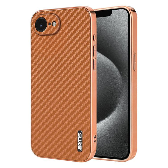 For iPhone 16e AZNS Electroplated Edge Carbon Fiber Texture Phone Case(Brown)