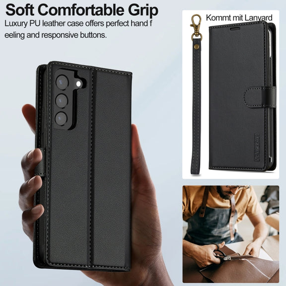 For Samsung Galaxy S22+ 5G LC.IMEEKE L2 Series Detachable Magsafe PU Phone Case with Lanyard(Black)