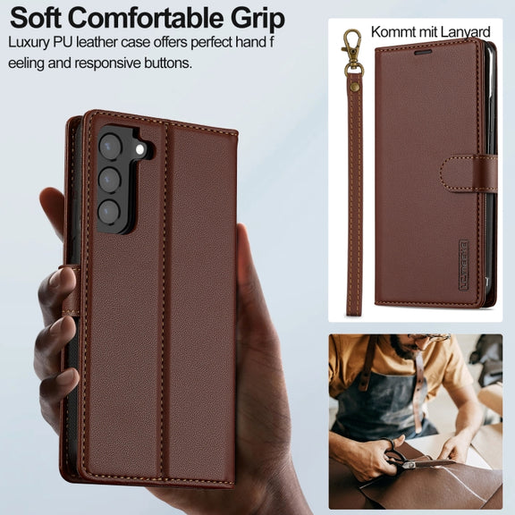For Samsung Galaxy S22+ 5G LC.IMEEKE L2 Series Detachable Magsafe PU Phone Case with Lanyard(Brown)