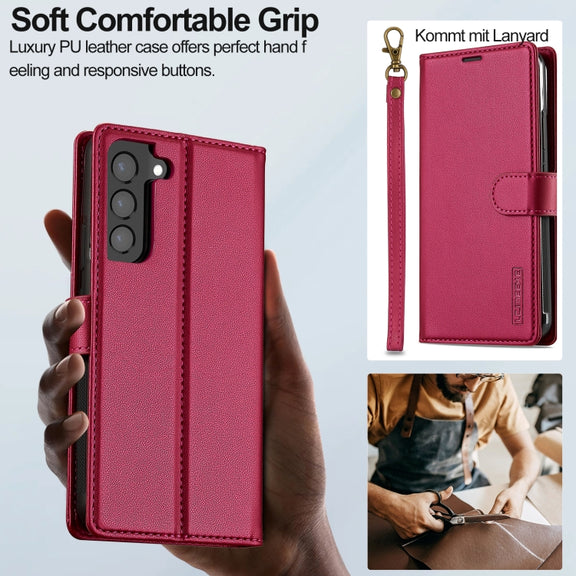 For Samsung Galaxy S22+ 5G LC.IMEEKE L2 Series Detachable Magsafe PU Phone Case with Lanyard(Red)