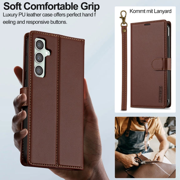 For Samsung Galaxy S24 FE 5G LC.IMEEKE L2 Series Detachable Magsafe PU Phone Case with Lanyard(Brown)
