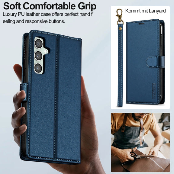 For Samsung Galaxy S24 FE 5G LC.IMEEKE L2 Series Detachable Magsafe PU Phone Case with Lanyard(Blue)