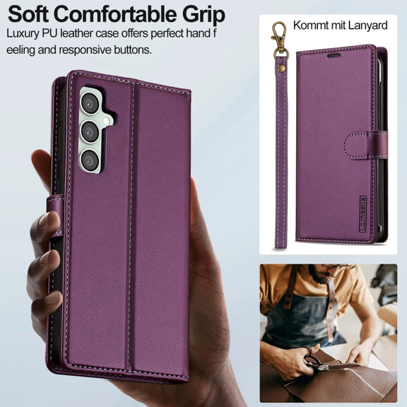 For Samsung Galaxy S24 FE 5G LC.IMEEKE L2 Series Detachable Magsafe PU Phone Case with Lanyard(Purple)
