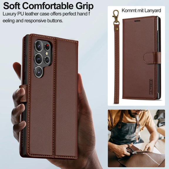 For Samsung Galaxy S24 Ultra 5G LC.IMEEKE L2 Series Detachable Magsafe PU Phone Case with Lanyard(Brown)