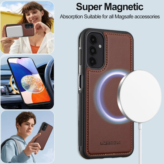 For Samsung Galaxy A14 4G / A14 5G LC.IMEEKE L2 Series Detachable Magsafe PU Phone Case with Lanyard(Brown)