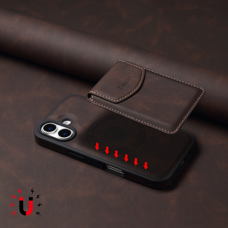 For iPhone 16 Plus Denior D19 Skin Feel MagSafe Detachable Card Slot Phone Case(Brown)