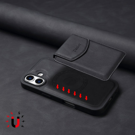 For iPhone 16 Plus Denior D19 Skin Feel MagSafe Detachable Card Slot Phone Case(Black)