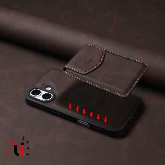 For iPhone 16 Denior D19 Skin Feel MagSafe Detachable Card Slot Phone Case(Brown)