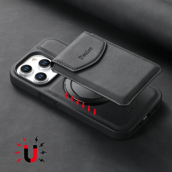 For iPhone 16 Pro Max Denior D20 Skin Feel MagSafe Holder Detachable Card Slot Phone Case(Black)