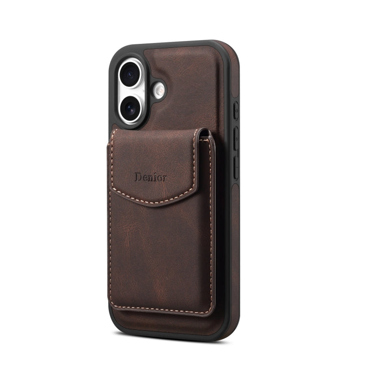 For iPhone 16 Plus Denior D20 Skin Feel MagSafe Holder Detachable Card Slot Phone Case(Brown)