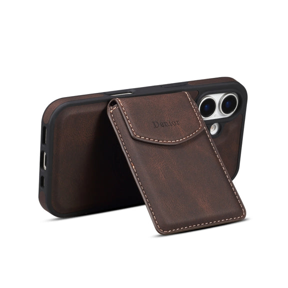 For iPhone 16 Plus Denior D20 Skin Feel MagSafe Holder Detachable Card Slot Phone Case(Brown)